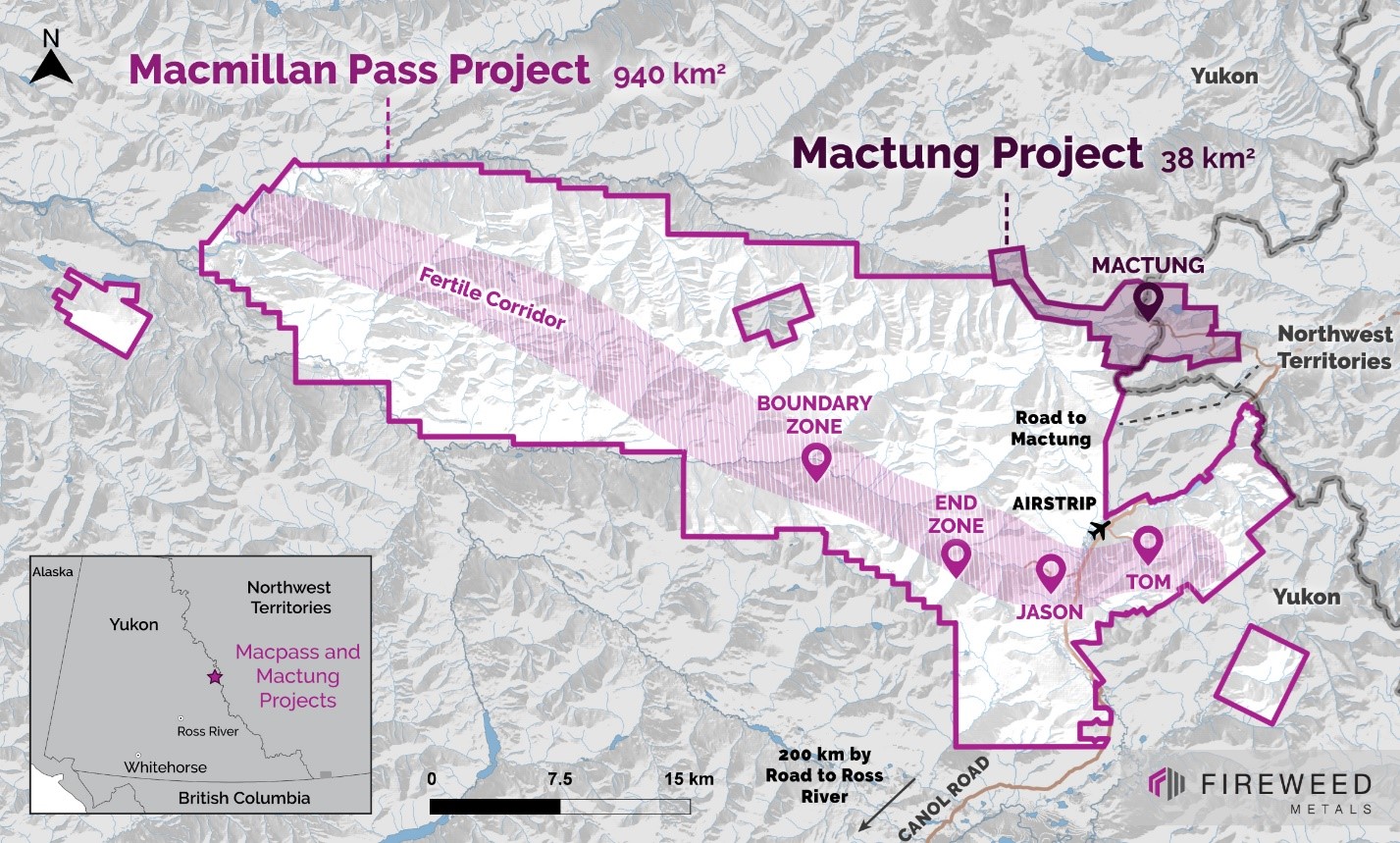 Map 1: Macmillan Pass Project and Mactung Project locations and mineral deposits.