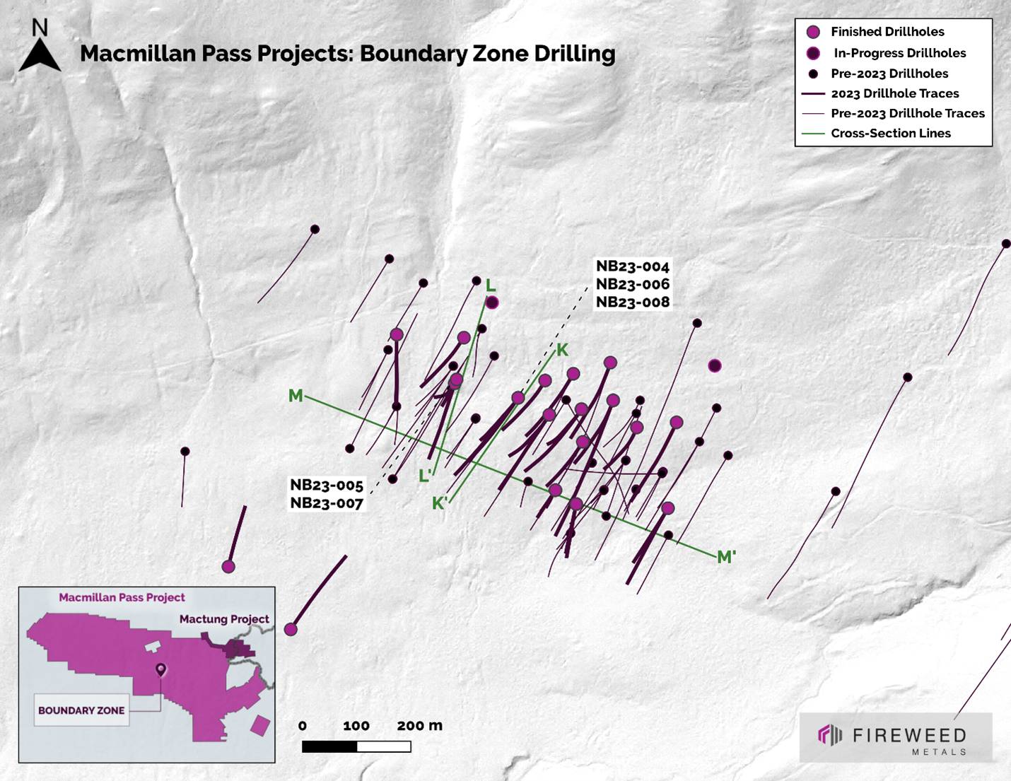 Map 2: Location of 2023 Boundary Zone drillholes, cross sections K–K’, L–L’ and long section M–M’ see below for cross sections.