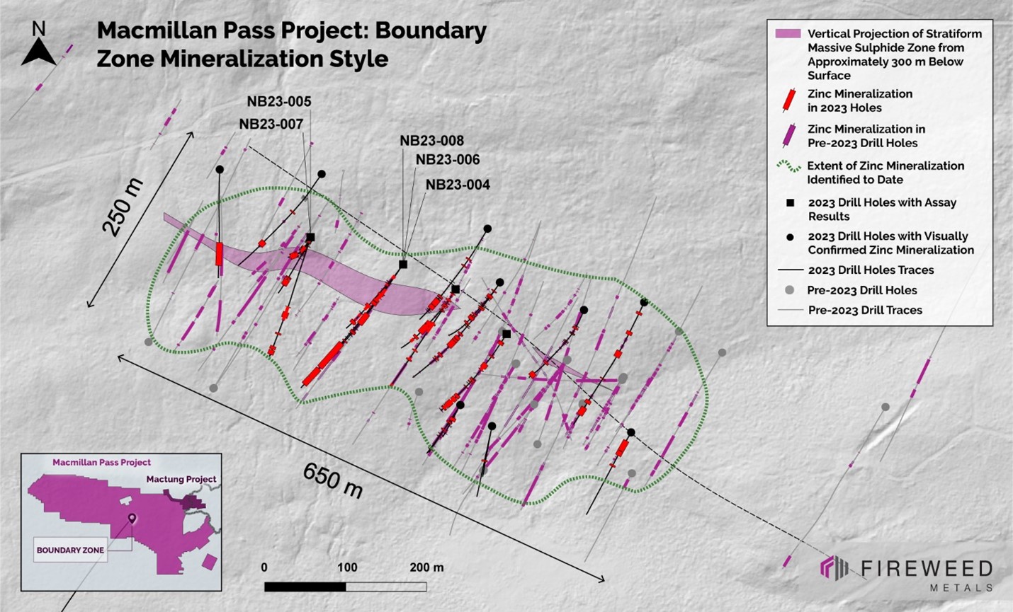 Map 3: Mineralized intervals in 2023 drilling and pre-2023 drilling defining a stratiform laminated to massive sulphide zone that is connected at depth (pink polygon) and a broader envelope of vein, breccia, and other stratiform zinc mineralization, showing significant areal extent (within green dashed line).